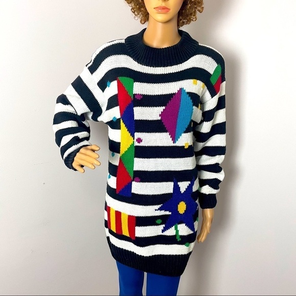 Vintage 80s Crewneck Sweater – Bold Stripes & Shapes, Shoulder Pads, Size Small - Picture 1 of 12
